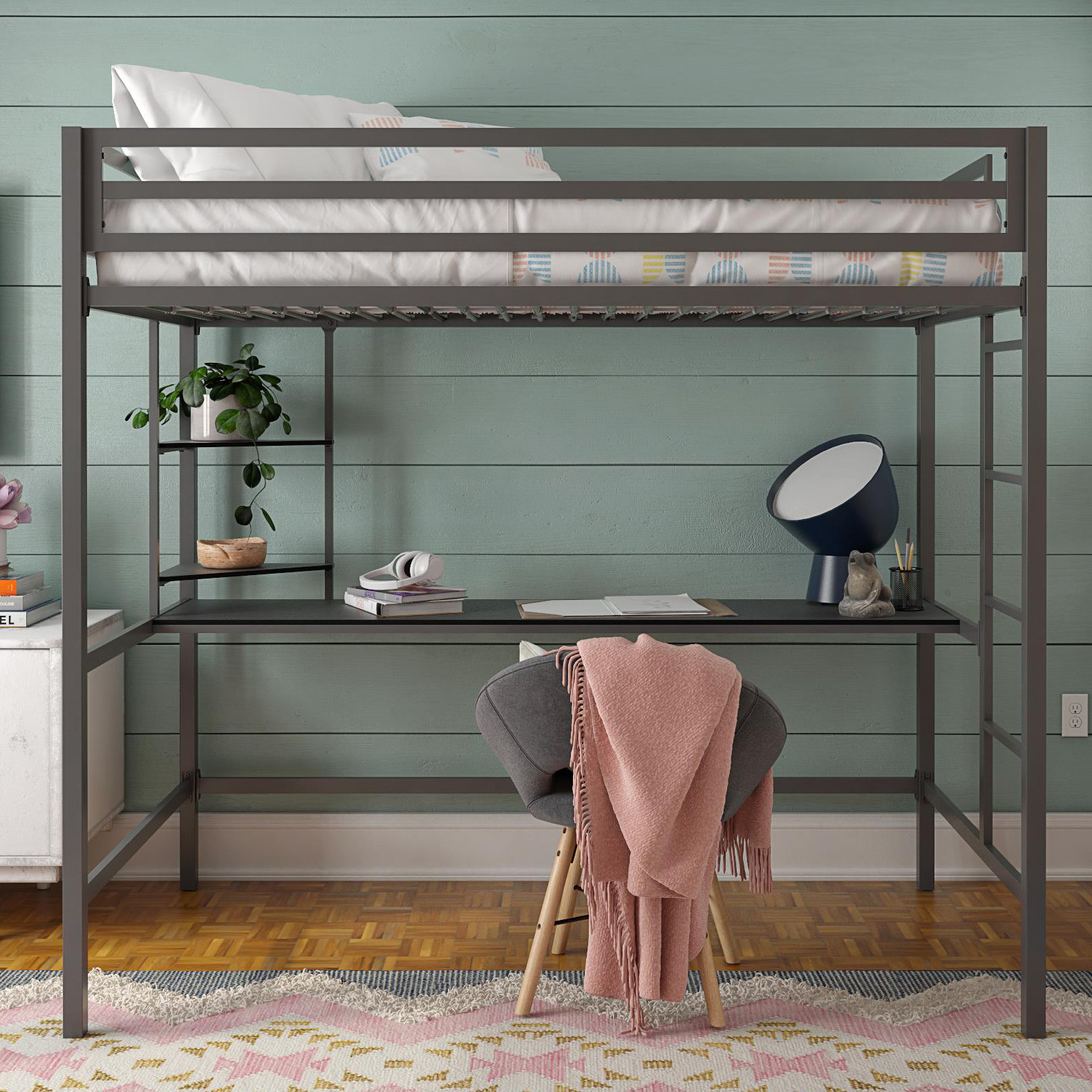 grey loft bed with desk