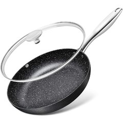 MICHELANGELO 28cm Frying Pan with Lid Stone Frying with Lid-Oven Safe Granite Frying Pan with Stone-Derived Coating 28cm Frying Pan Nonstick Induction Compatible Non Stick Frying Pans 