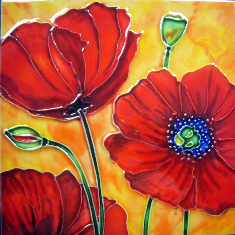 3 Red Poppies with burnt Orange Tile Wall Decor