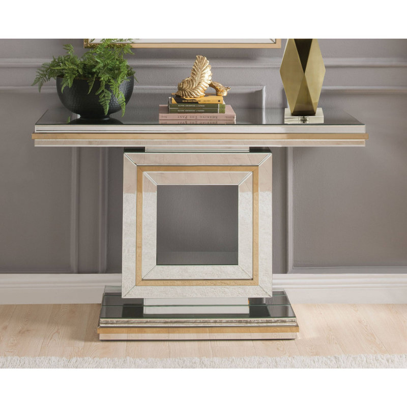 Everly Quinn Wooden Console Table With Mirrored Top And Open
