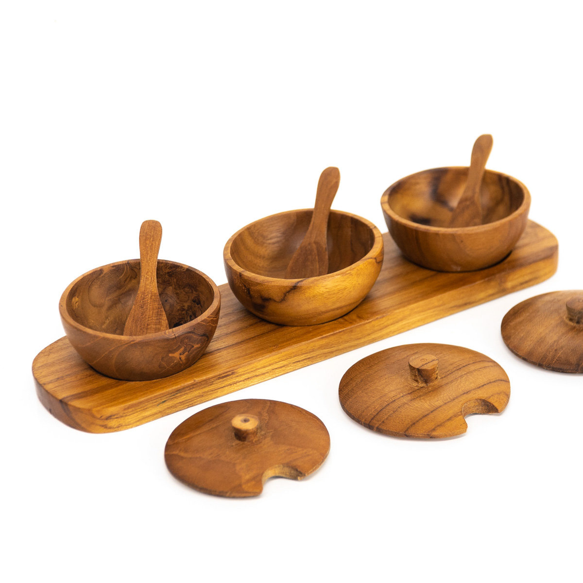 Rainforest Bowls Teak Wood Condiment Bowl With Lid And Tray Set Wayfair