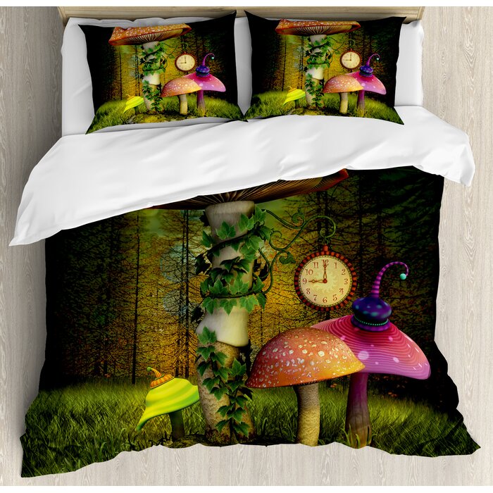 Fantasy Fiction Forest With Giant Mushrooms And Elves Magical Fairy Enchanted Image Duvet Cover Set