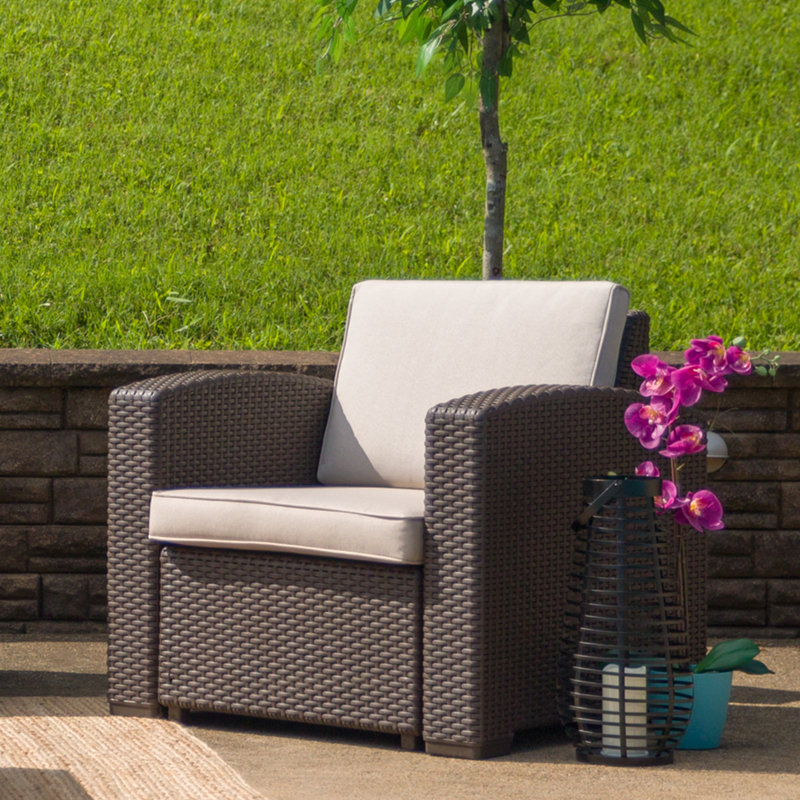 Breakwater Bay Clifford Faux Rattan Patio Chair With Cushion Reviews Wayfair