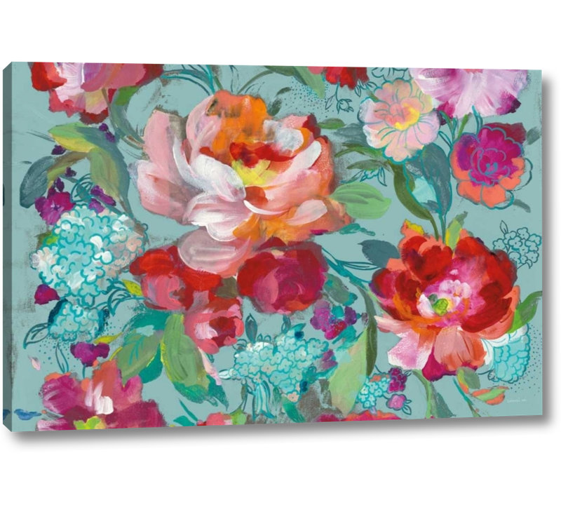 Ebern Designs Bright Floral Medley Crop Turquoise Print On