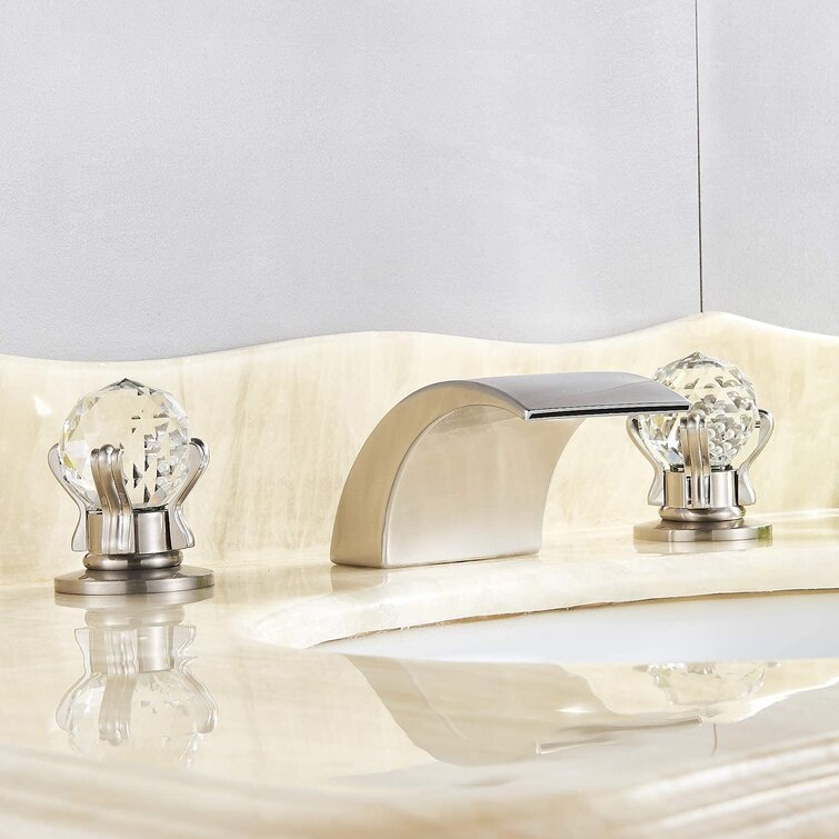 Modern LED Lighted Waterfall Widespread Sink Faucet with Double Crystal Handles 