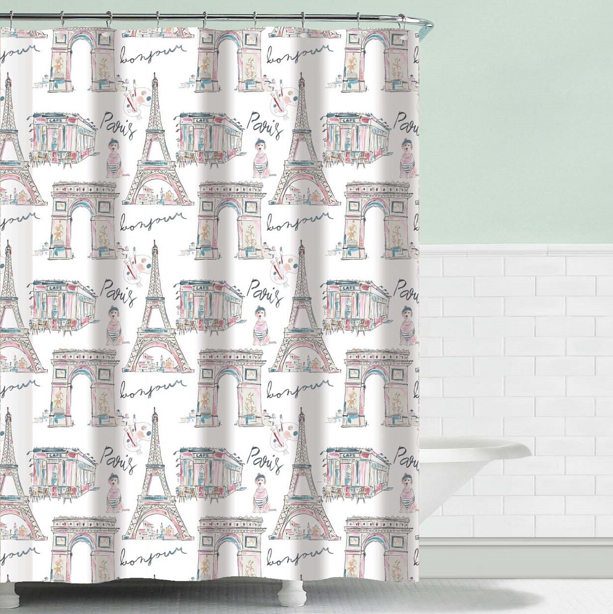 Rhino Family Polyester Waterproof Bath Shower Curtain W/ 12 Hooks Bathroom Mat