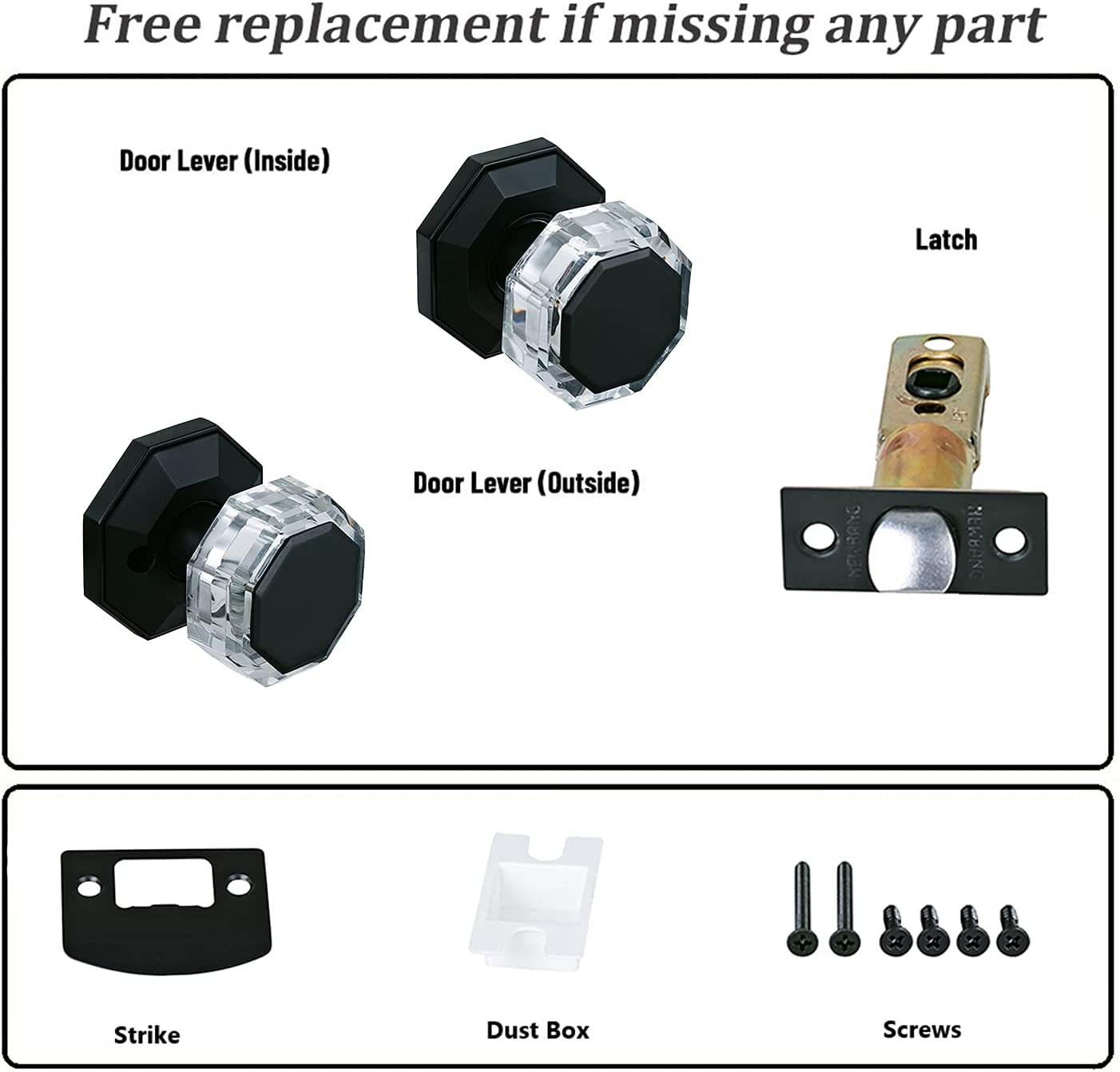 NEWBANG Crystal Glass Passage Door Knobs Matt Black Ball Style