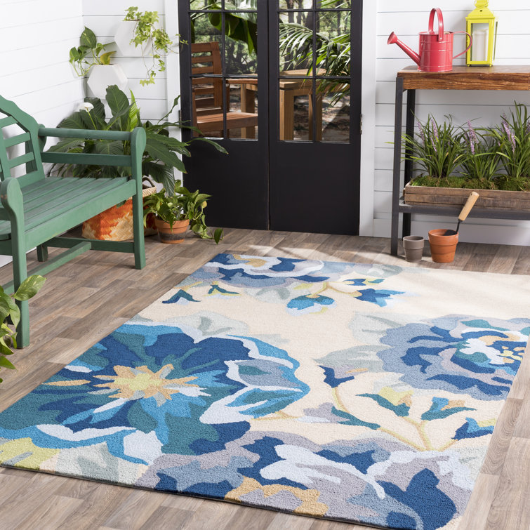 Cynthia Floral Handmade Looped/Hooked Beige/Sky Blue/Bright Blue/Lime  Indoor / Outdoor Area Rug