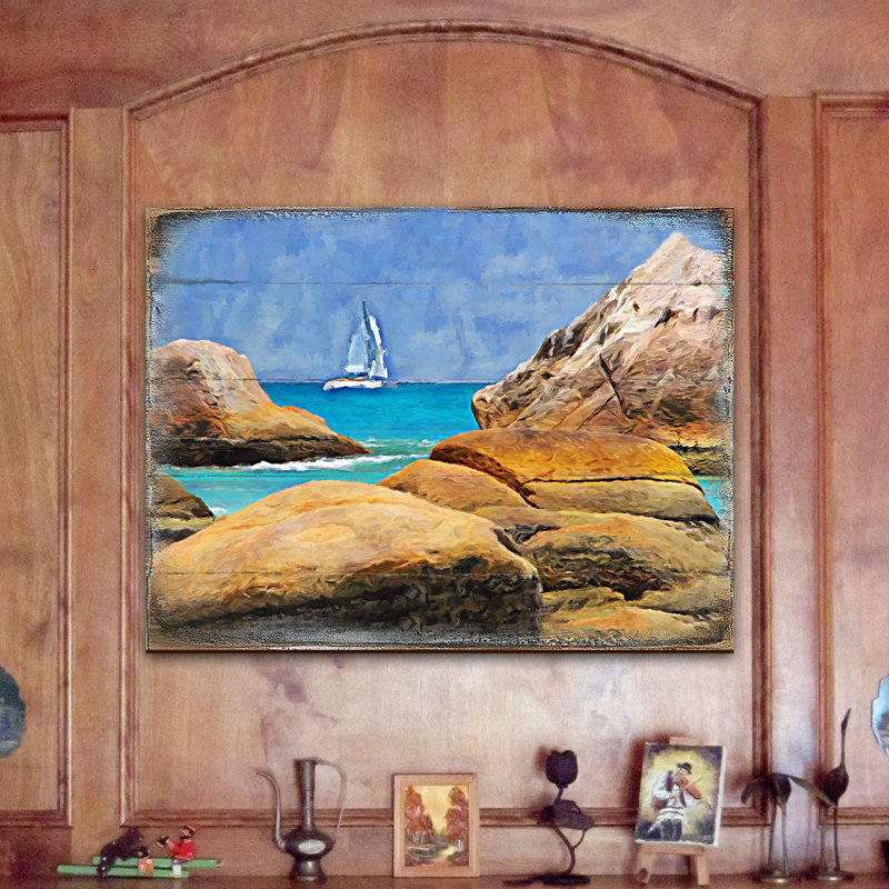 Highland Dunes South Ferry Sailboat On The Rocky Shore Wood Block