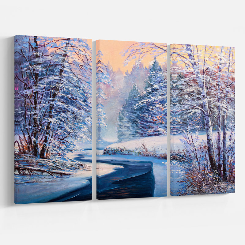 East Urban Home Winter Night With Forest Sunset Oil Painting Print Multi Piece Image On Wrapped Canvas Wayfair