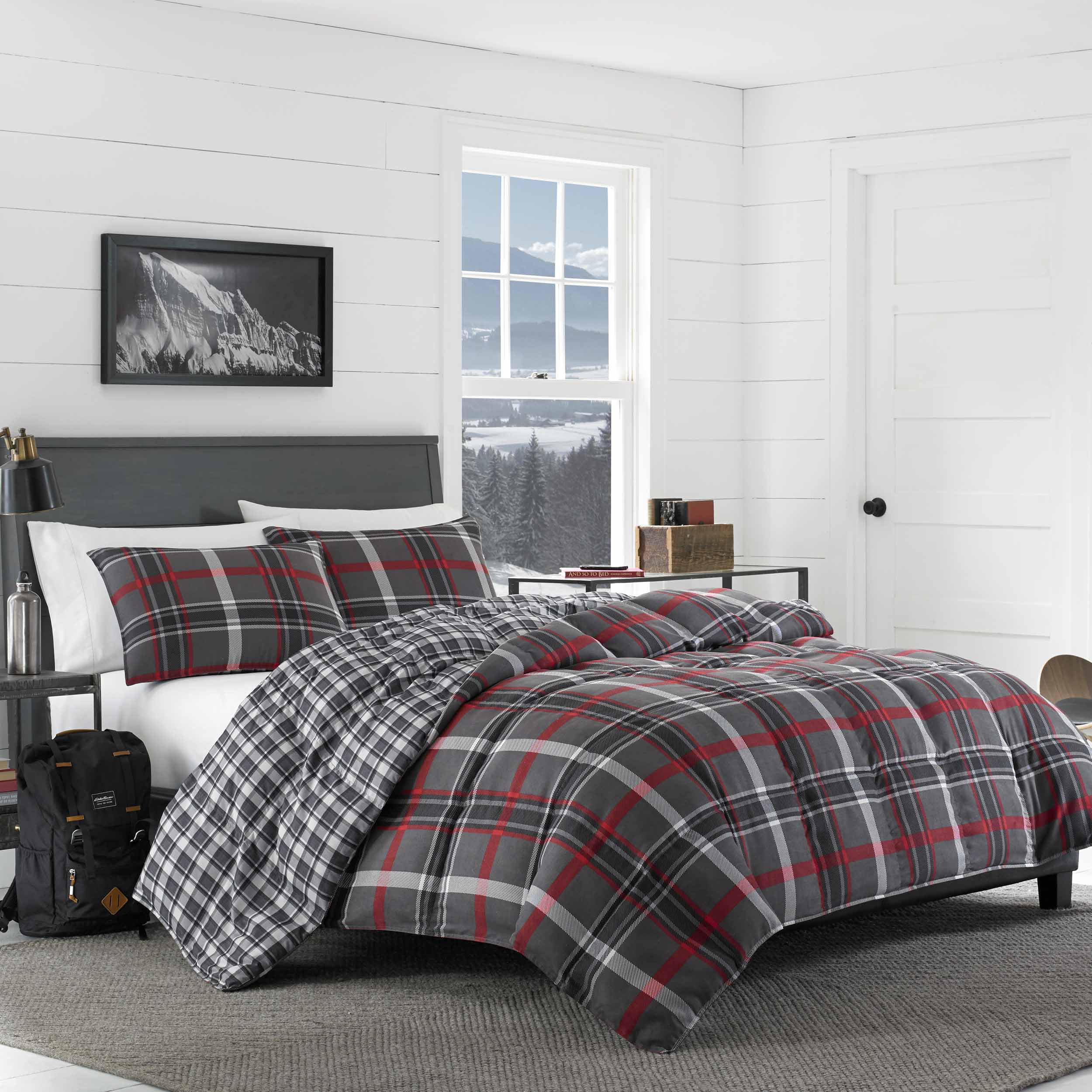 Eddie Bauer Willow Plaid Gray/Red Microfiber Reversible Farmhouse