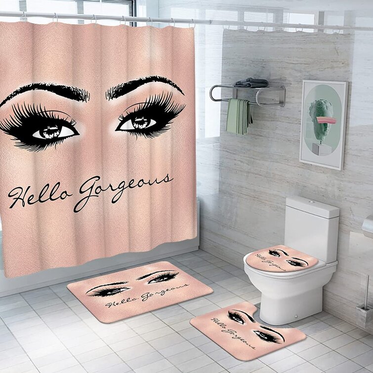 Pretty Girl Shower Curtain Bathroom Rug Set Bath Mat Non-Slip Toilet Lid Cover 