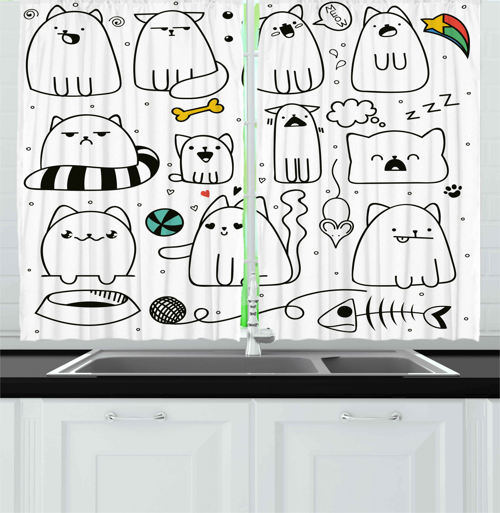 East Urban Home Ambesonne Cartoon Kitchen Curtains Hand Drawn