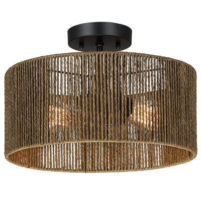 2 - Light 14-in Woven Rope Drum Semi Flush Mount Ceiling Light