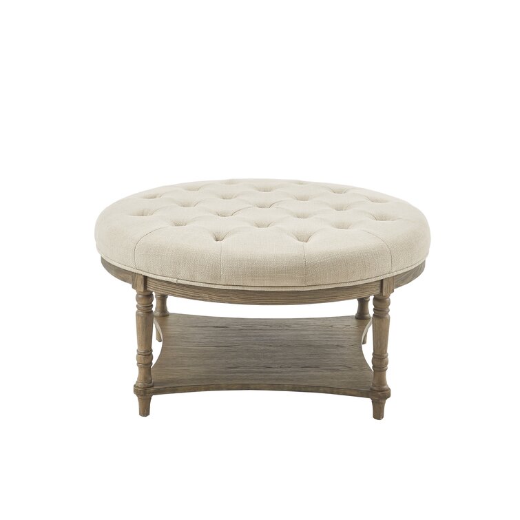 36Diameter x 19H Martha Stewart Cedric Round Coffee Table-Solid Wood Legs Grey Button Tufted Top Cocktail Ottoman with Lower Shelf Modern Contemporary Style Accent Footstool Living Room Furniture