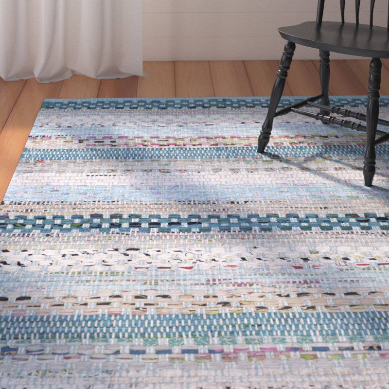 August Grove Vesey Handwoven Flatweave Cotton Aqua White Gray Area Rug Reviews Wayfair