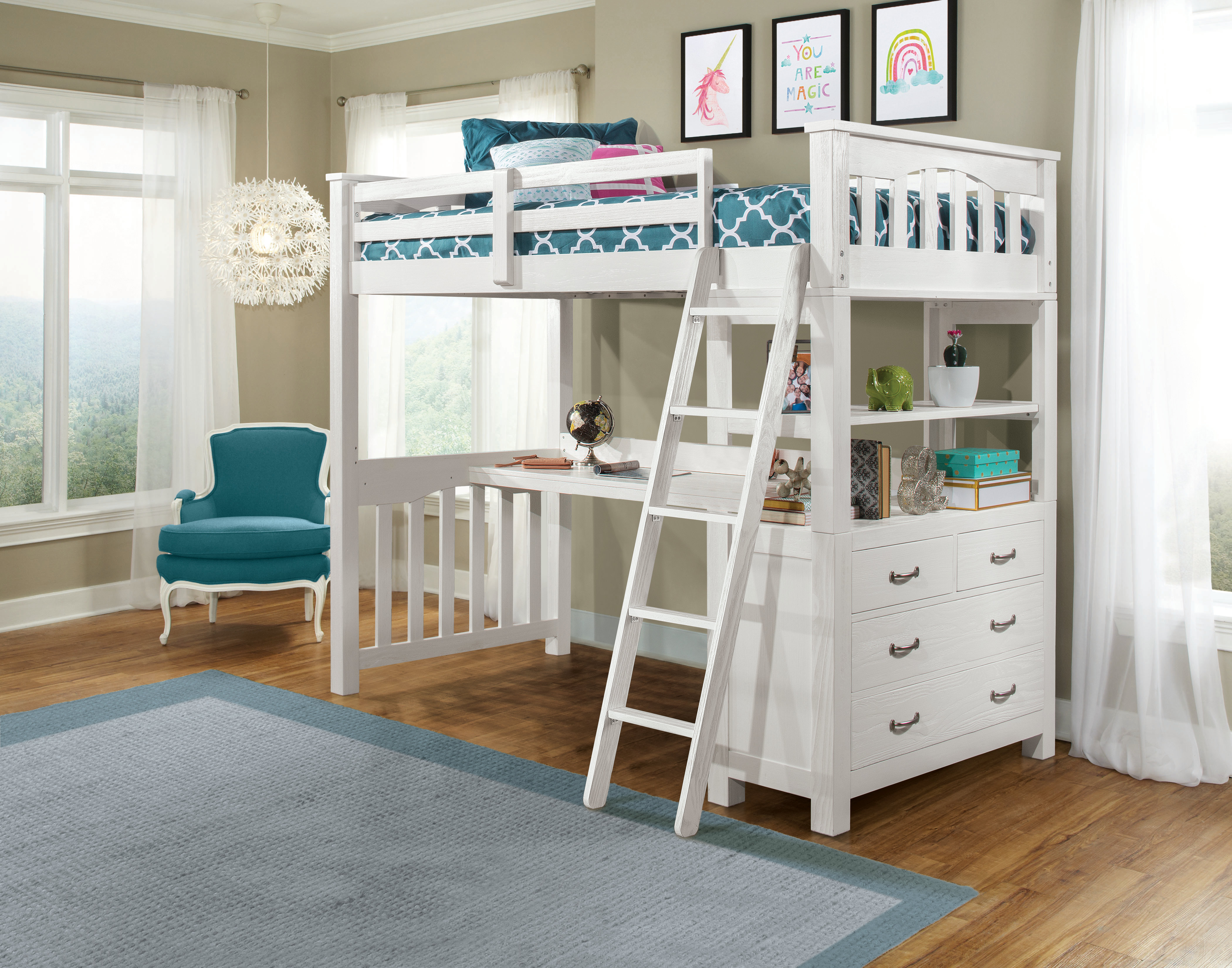 Twin Bed Loft Wood Kids Bunk Furniture Bedroom Ladder Desk Over White 