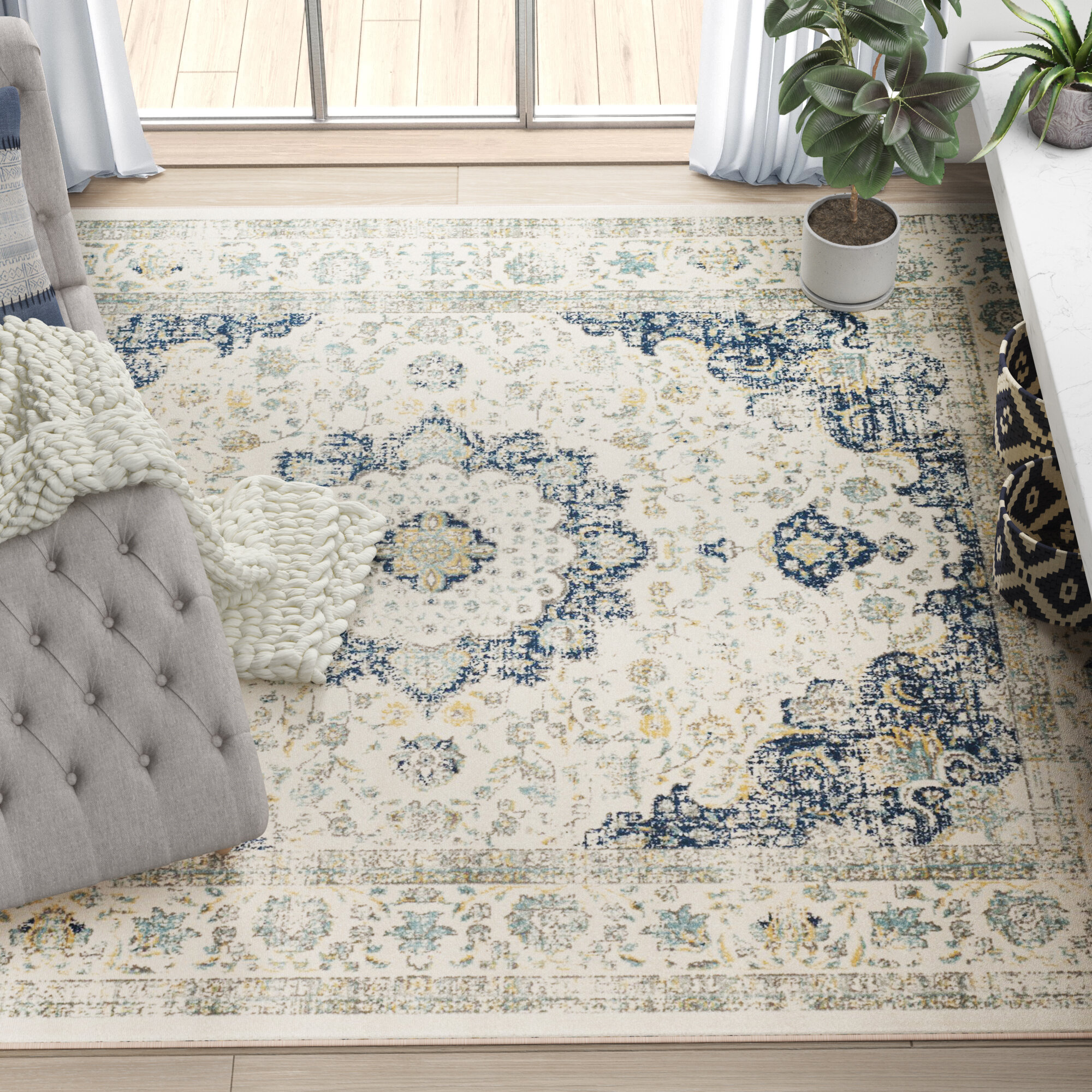 Traditional Oriental Distressed Blue Yellow Area Rug **FREE SHIPPING** 
