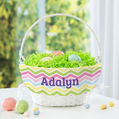 Large, Blue with Chocolate Polka Dots Personalized Woodchip Easter Basket with Custom Designed Liners 