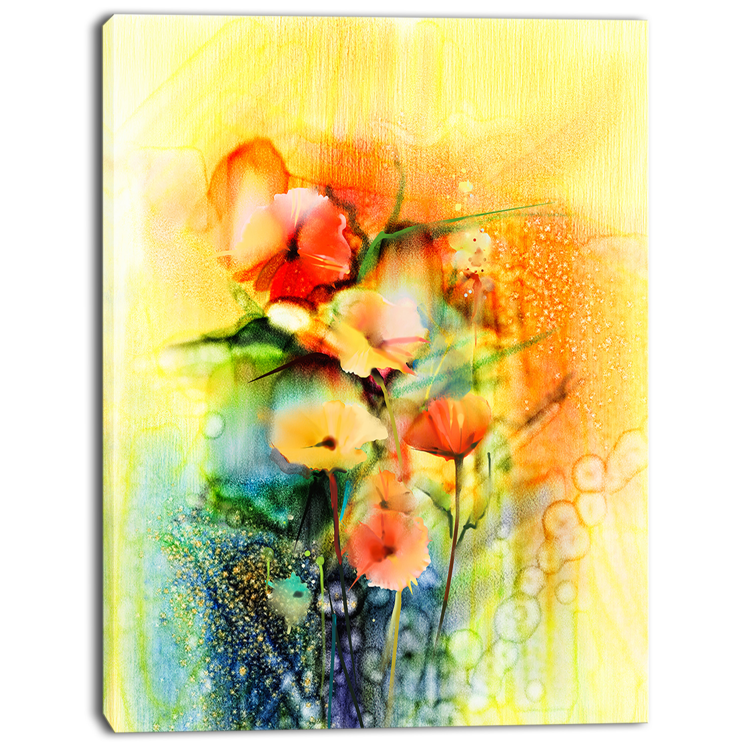 Designart Colored Watercolor Flowers On Yellow Painting Print On Wrapped Canvas Wayfair