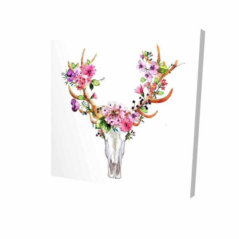 Bungalow Rose Rustic Deer Skull With Flowers Oil Painting Print