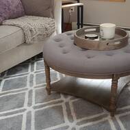 36Diameter x 19H Martha Stewart Cedric Round Coffee Table-Solid Wood Legs Grey Button Tufted Top Cocktail Ottoman with Lower Shelf Modern Contemporary Style Accent Footstool Living Room Furniture