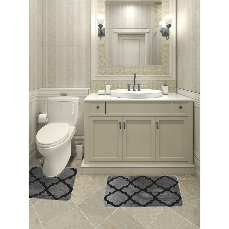 2 Piece Trellis Border Luxury Absorbent Non Slip Bath Mat Set