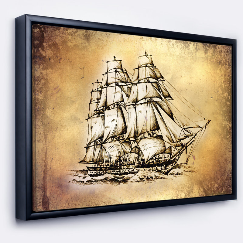 East Urban Home Moving Old Sailboat Drawing Framed Oil Painting