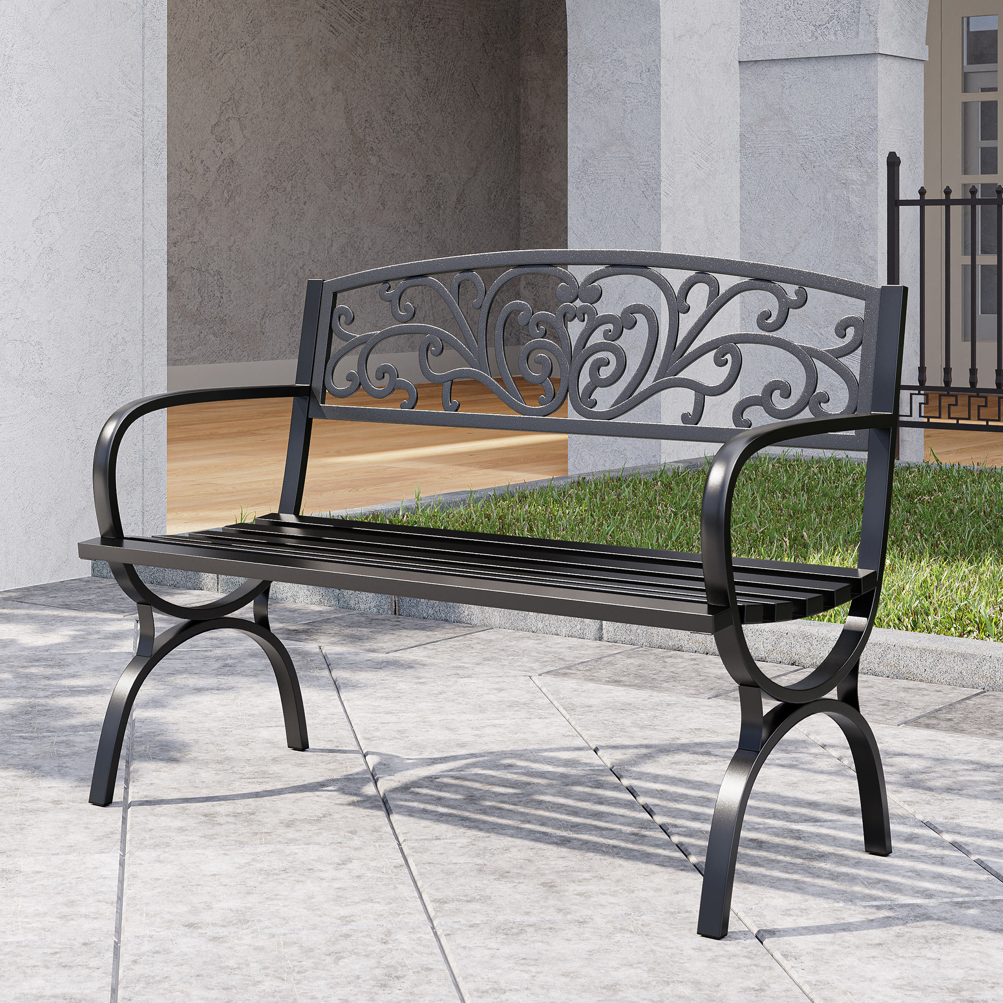 outdoor black iron bench