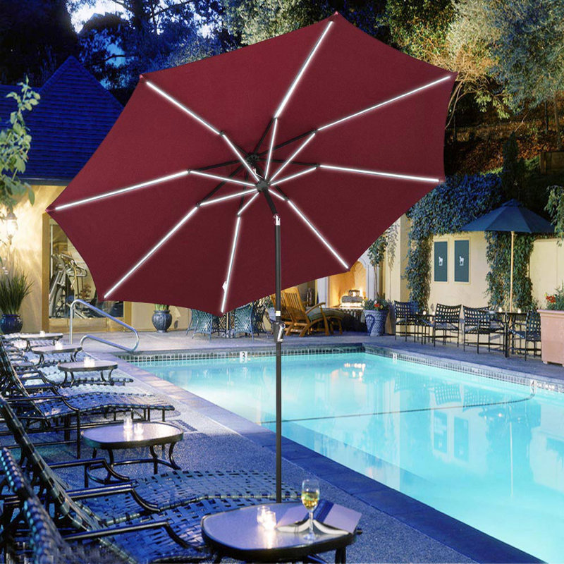 Freeport Park Solar Powered Patio Umbrella With Tilt And Crank 8 Ribs Outdoor Market Table Umbrella For Garden Pool Wayfair Ca