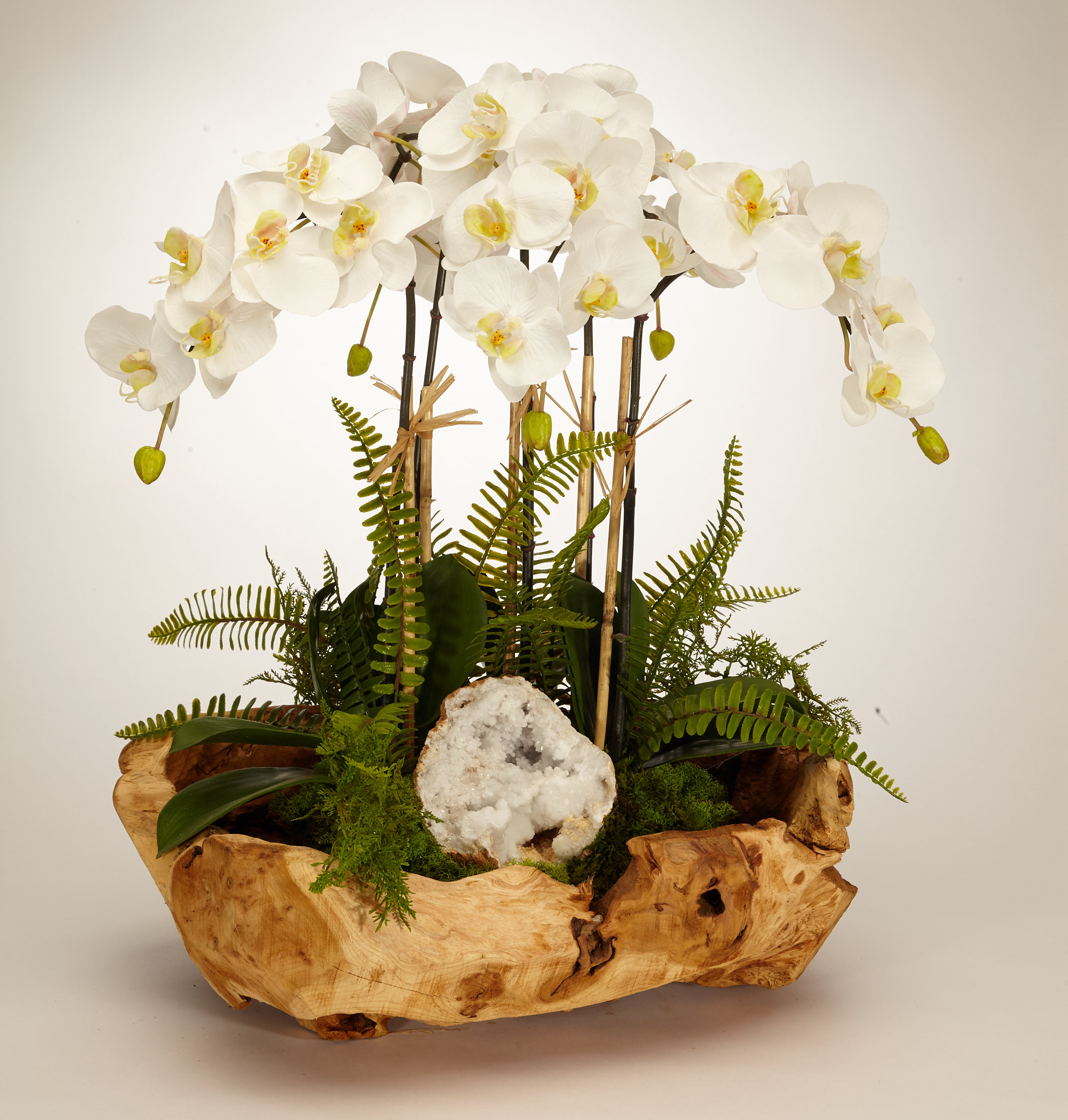 T C Floral Company Orchid With White Geode Centerpiece In Wood Bowl Reviews Wayfair