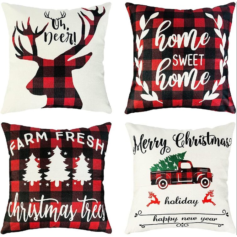 Christmas Throw Pillow Covers 18x18 Set of 4 Red and Black Buffalo Plaid Check