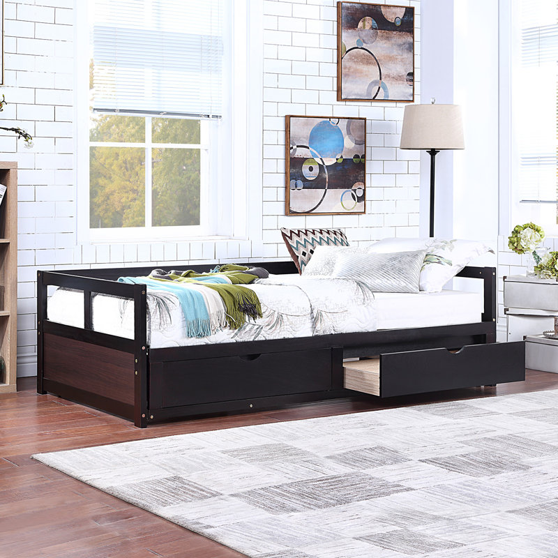 Harriet Bee Wooden Daybed With Trundle Bed And Two Storage Drawers Extendable Bed Daybed Sofa Bed For Bedroom Living Room Espresso Wayfair Ca