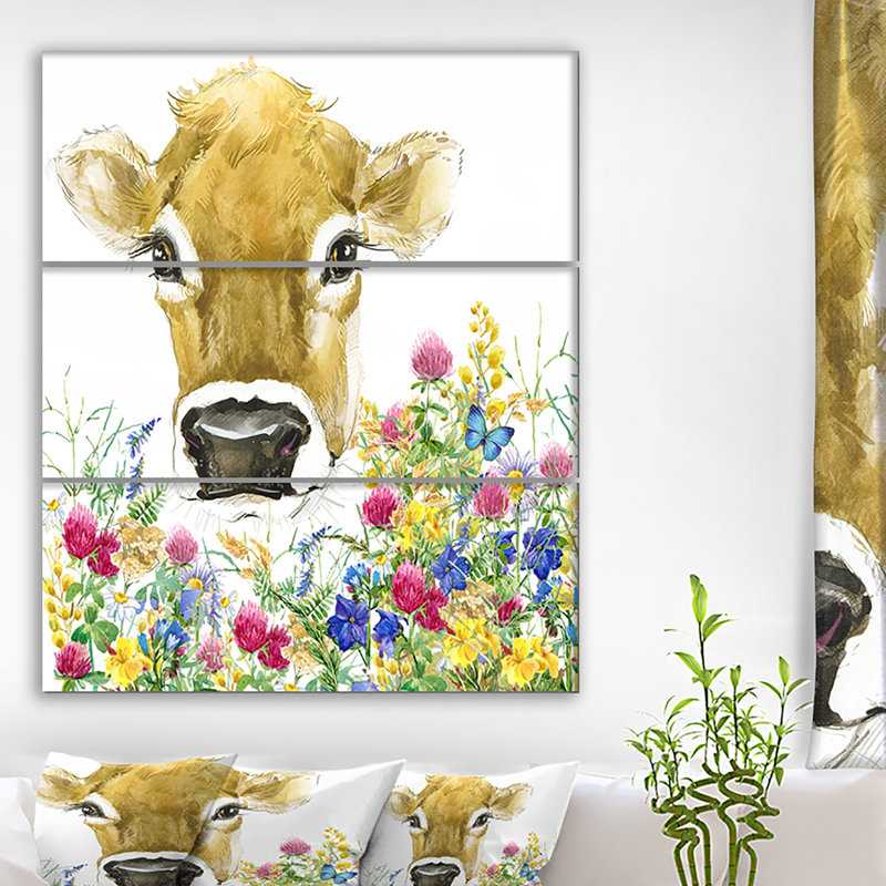 East Urban Home Cow In Colorful Flowers Oil Painting Print Multi