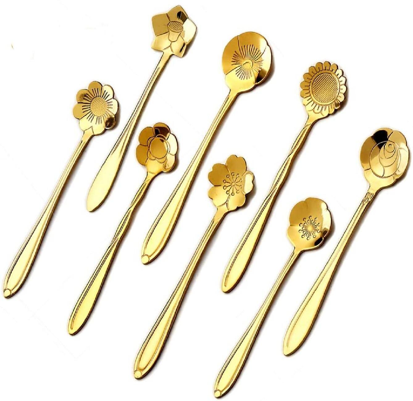 Stainless Steel Flower Teaspoons Tea Spoons Cutlery Desert Coffee Set Golden 