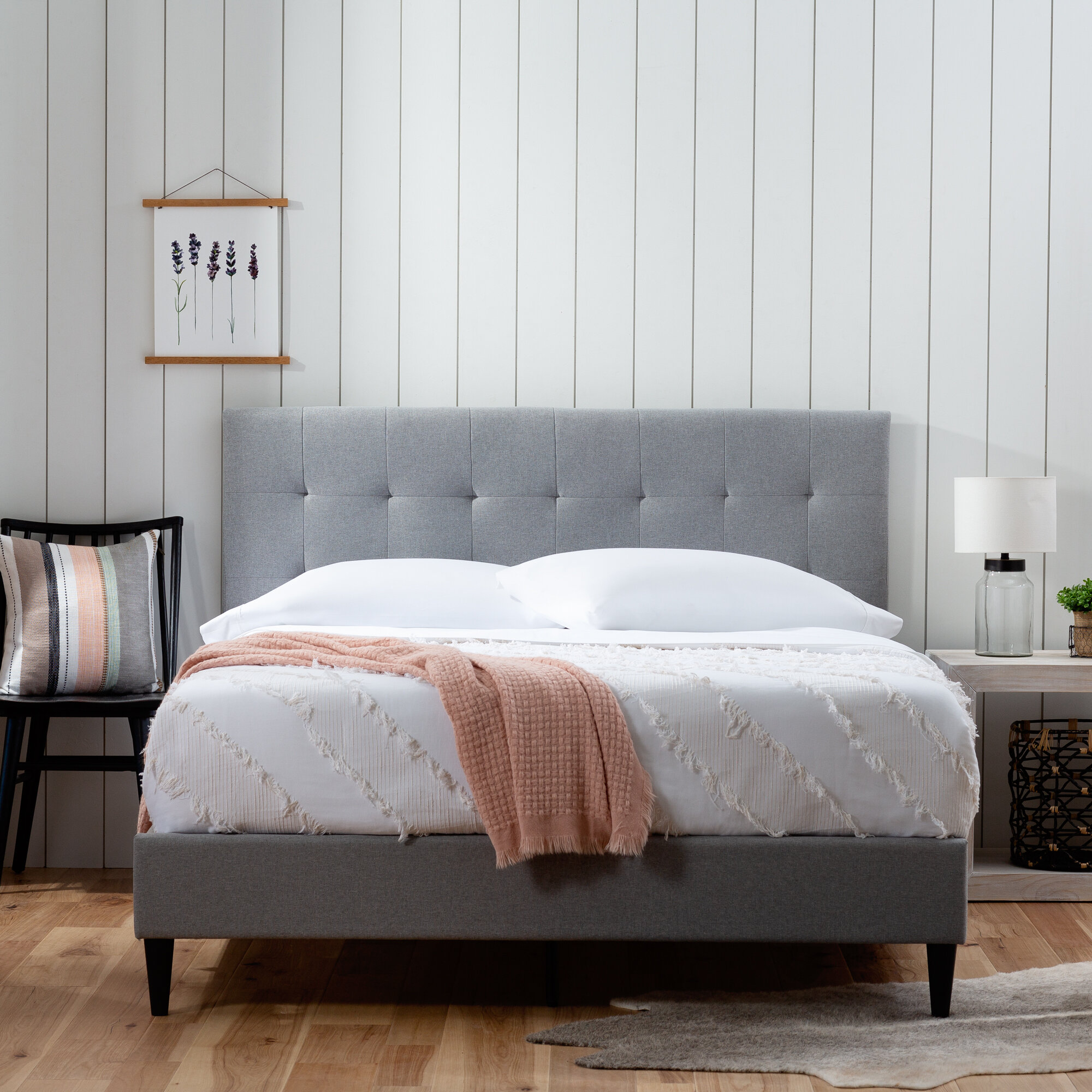 Queen Size Mid Century Modern Upholstered Bed Frame Tufted Headboard Dark Grey 