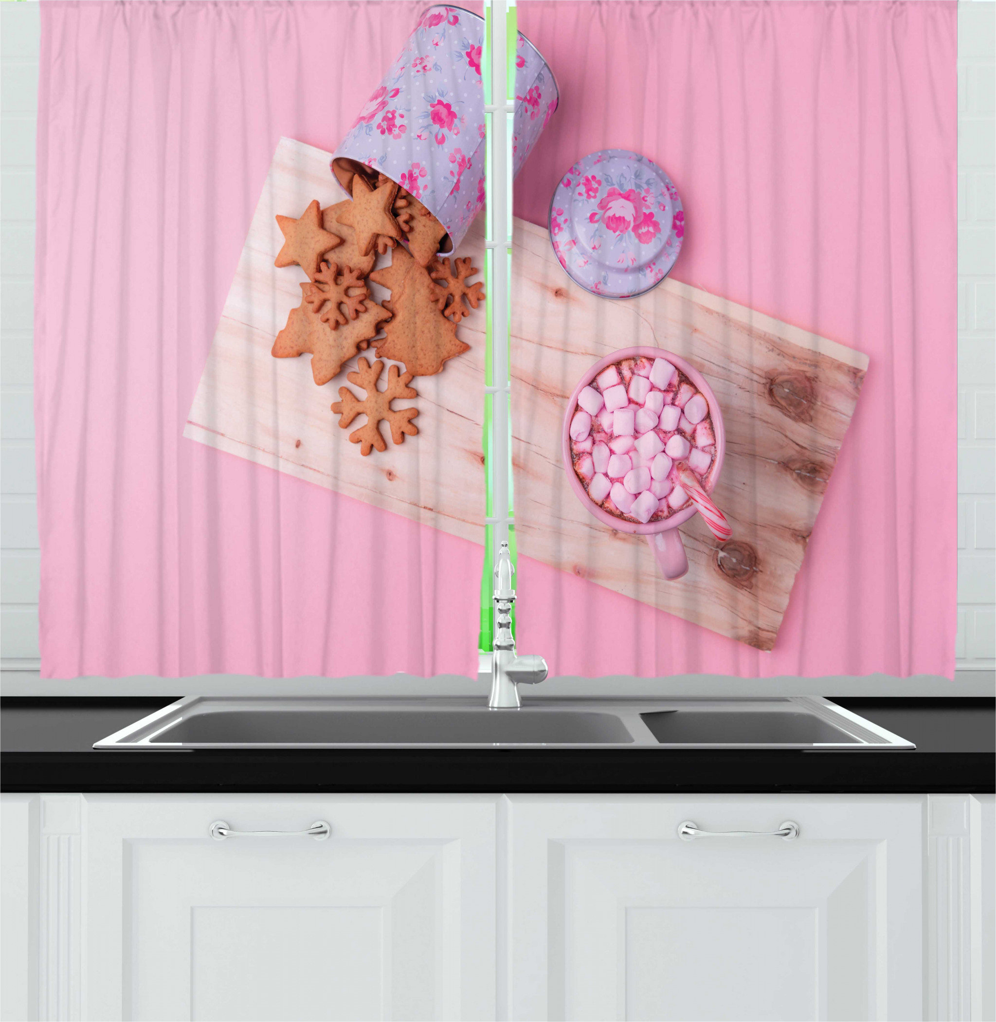 East Urban Home 2 Piece Christmas Gingerbread Cookies Hot Chocolate With Pink Marshmallows And Candy Cane Kitchen Curtain Set Wayfair