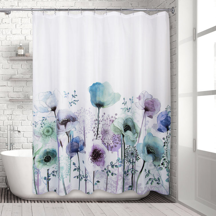 Waterproof Fabric Shower Curtain Liner 12 Hooks Blue Pastel Flowers Bathroom Mat 