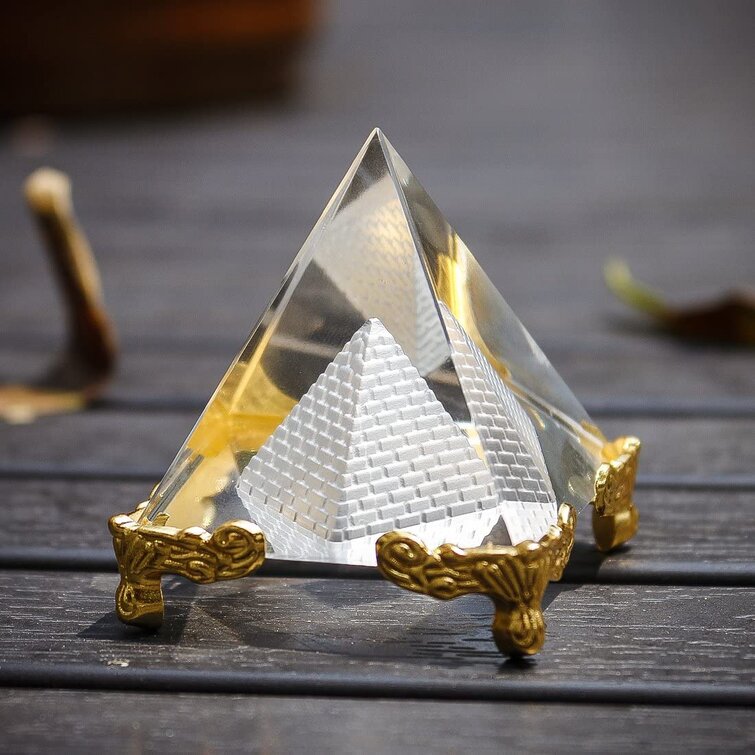 Glass Pyramid Paperweight with Egyptian Silver Crystal Pyramid Figurine 