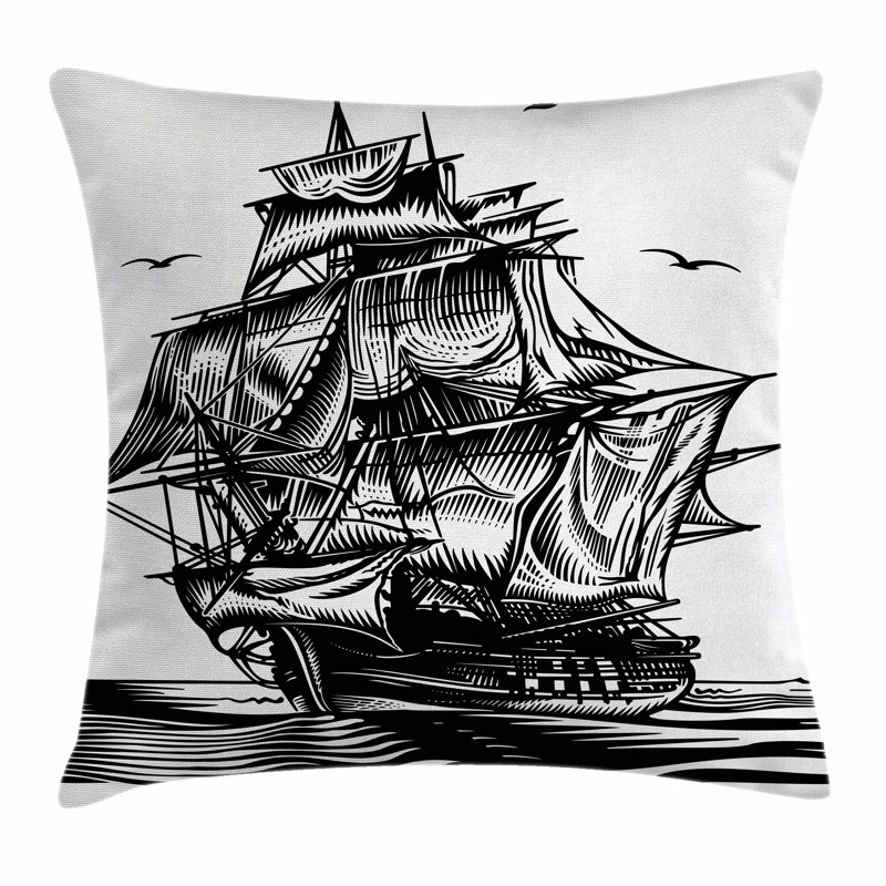 East Urban Home Pirate Ship Nautical Line Art Square Cushion