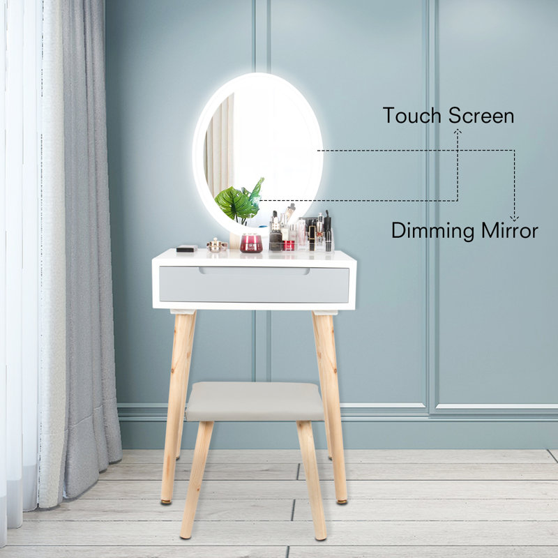 Corrigan Studio Makeup Vanity Table Set With 3 Modes Adjustable Lighted Mirror Cushioned Stool Dressing Table For Small Space With Free Make Up Organizer White Grey Wayfair Ca