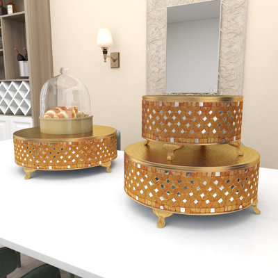 Haith Metal Decorative Cake Stand with Mirrored Mosaic Patterns and Scrolled Feet Set