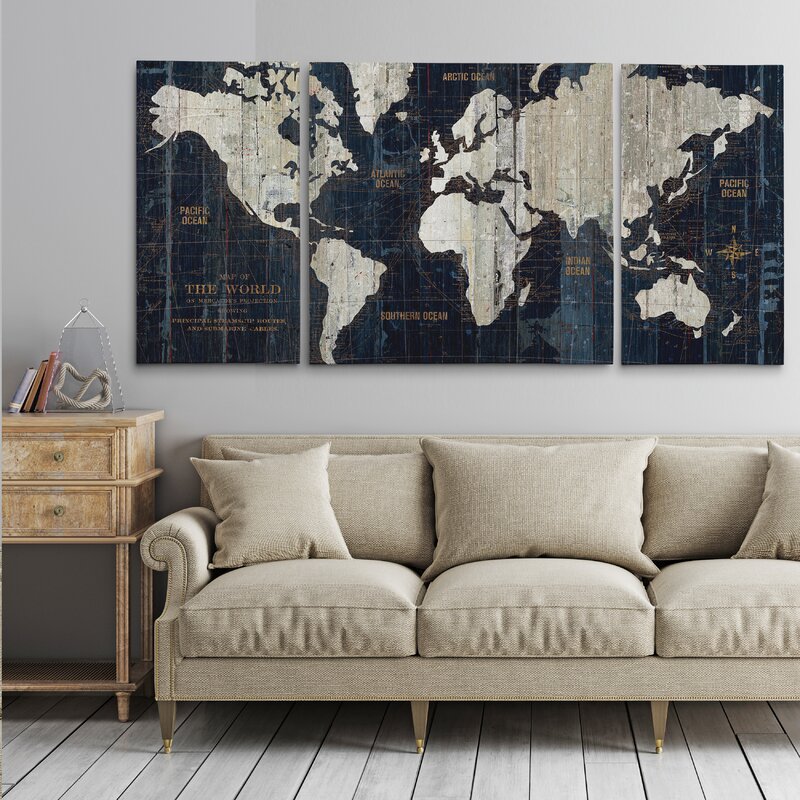 'Old World Map Blue' Framed Graphic Art Print on Wrapped Canvas