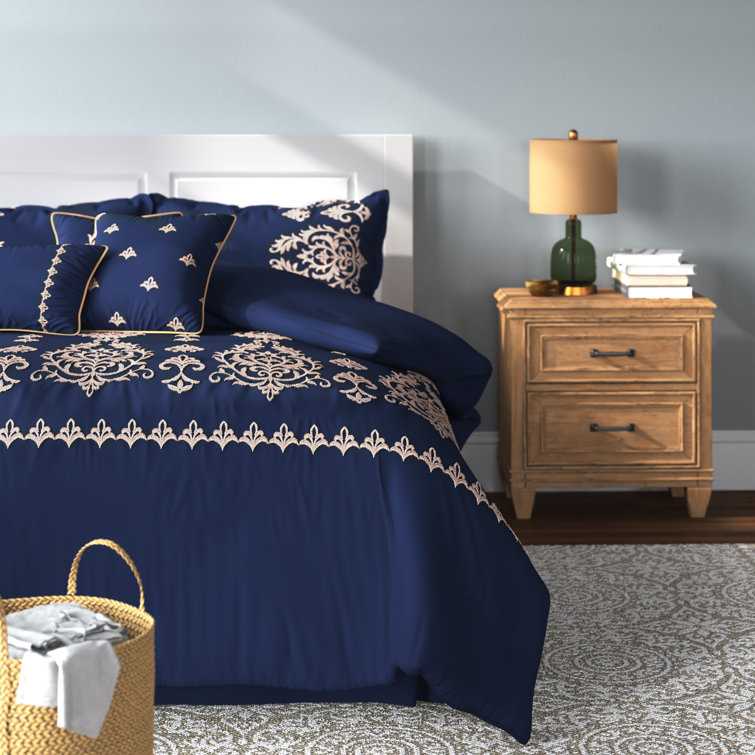 King Size 7 Pieces Luxury Embroidery Pattern Microfiber Comforter Set Navy Blue 