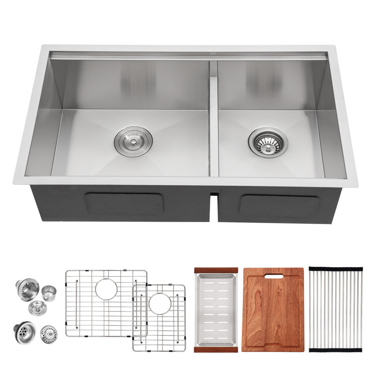 30 Inch Undermount Kitchen Sink Low Divide Double Bowl 60/40Prep  Workstation Sink 16 Gauge Stainless Steel Kitchen Sink Basin