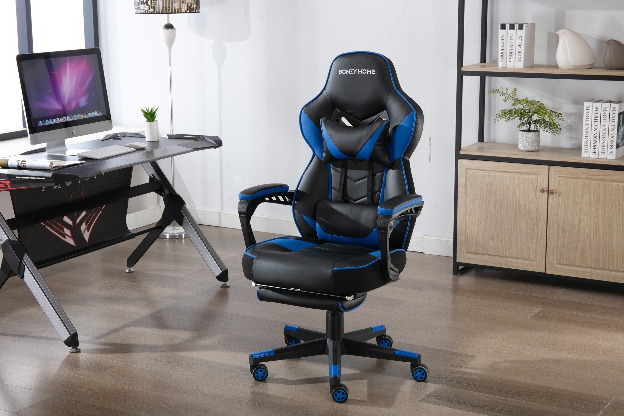 Home Office Desk Chair Computer Gaming Chair Ergonomic Executive Task Chair with Wheels Height Adjustable Swivel PU Leather Blue