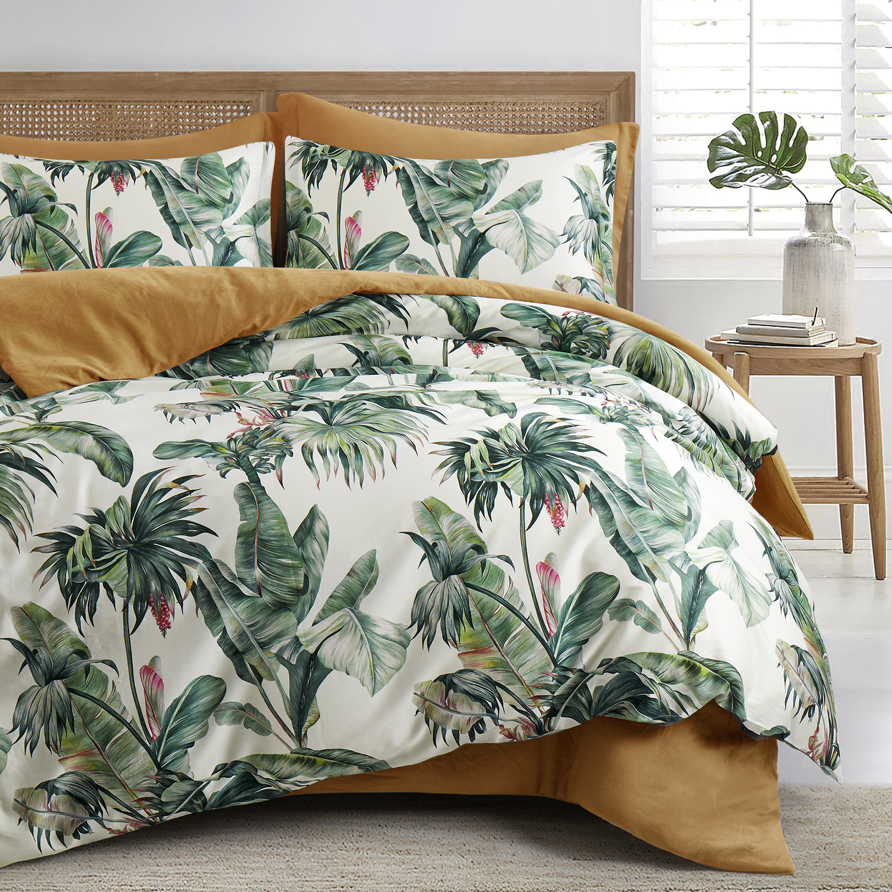 Duvet-Cover-Set Fern Floral 3-Piece Full / Queen Comforter Cover 100-Percent Cotton 300-Thread-Count