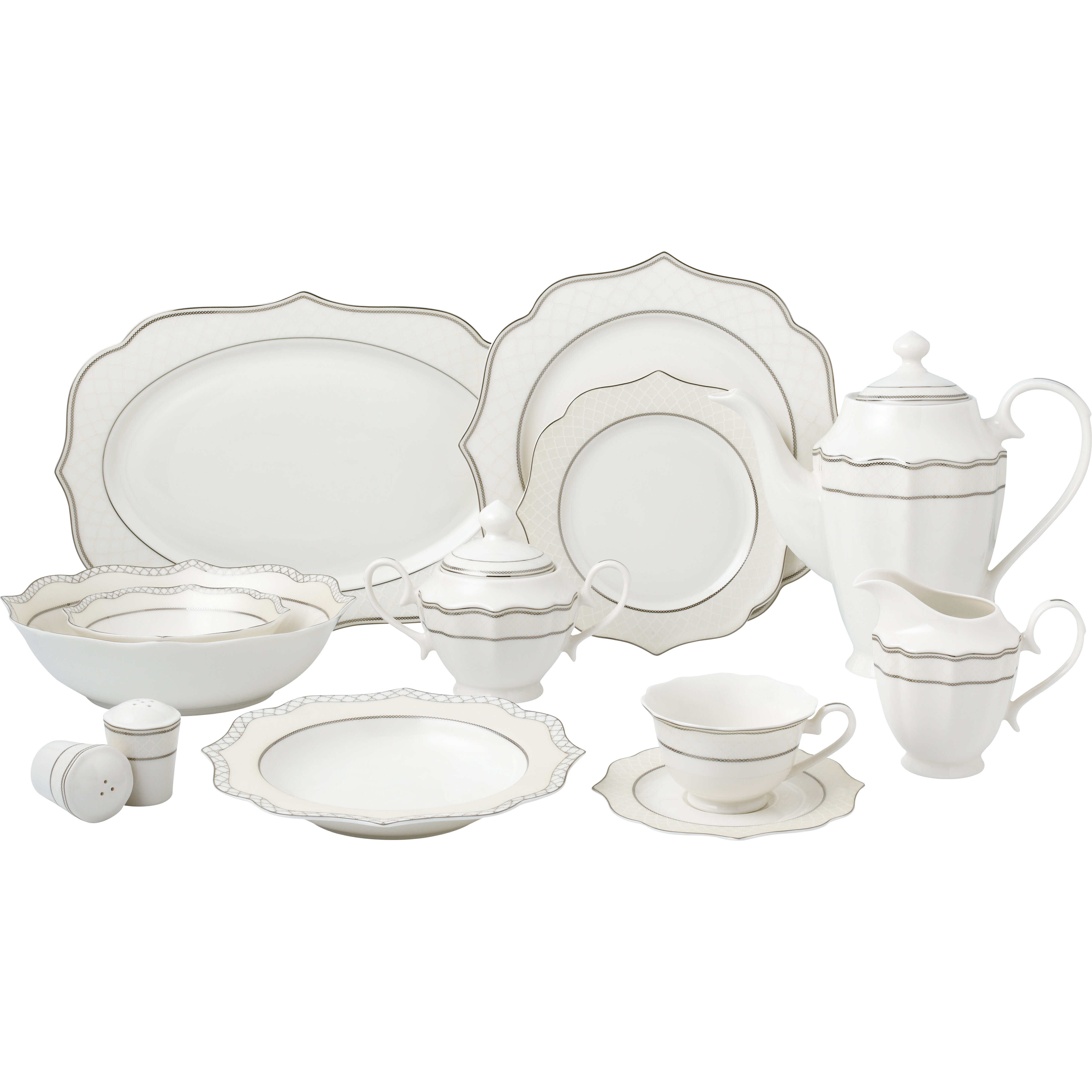 Lorren Home Trends Wavy Silver Mix and Match 57 Piece New Bone China  Dinnerware Set, Service for 8