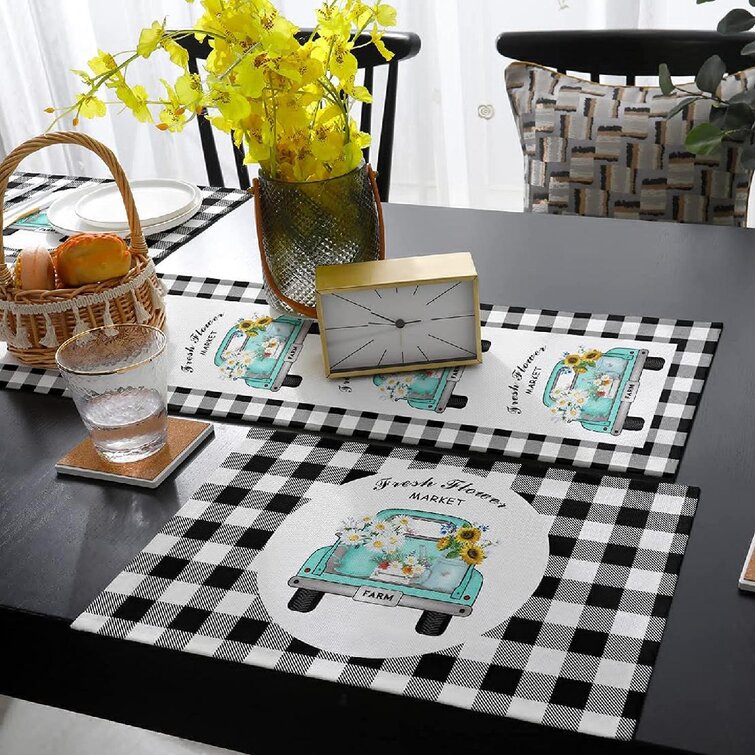 Independence Day Table Runner with Placemats Set of 6 Farm Truck American Flag Sunflowers Heat Resistant Placemats Stars Check Plaid Non-Slip Kitchen Table Mats for Family Parties，13 x 90 inches