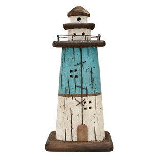 NAUTICAL SHABBY CHIC RUSTIC STYLE MEDIUM WOODEN LIGHTHOUSE RED/WHITE 16" 